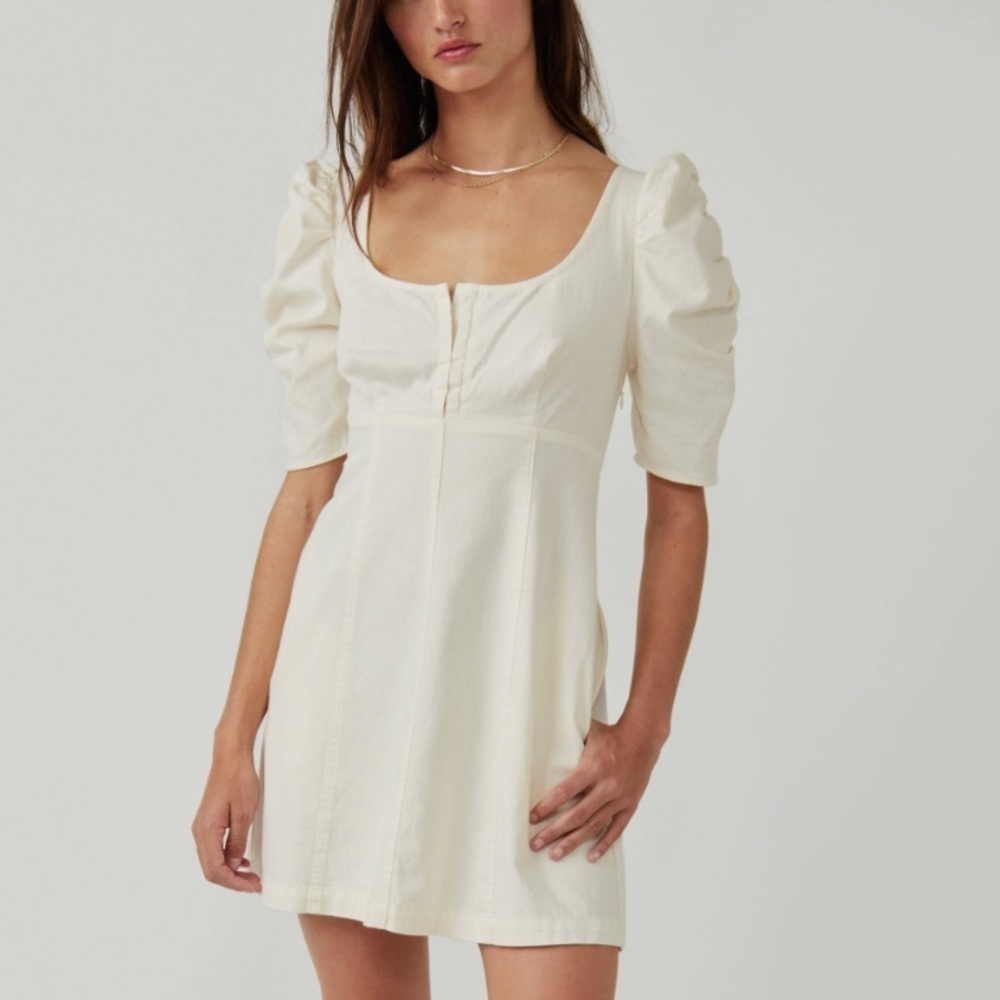 NWT Free People Cheyenne Puff Sleeve Denim Seamed Mini Dress In Ivory